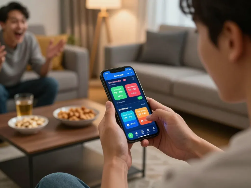 Placing strategic bets on keobongda app during live sports event in a cozy home setting.