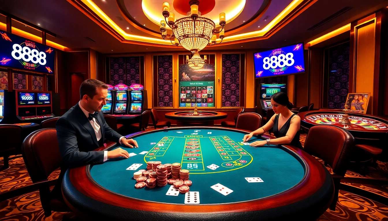 Players immerse in online casino action at 888bs.in.net, engaging in thrilling poker with vibrant chips.