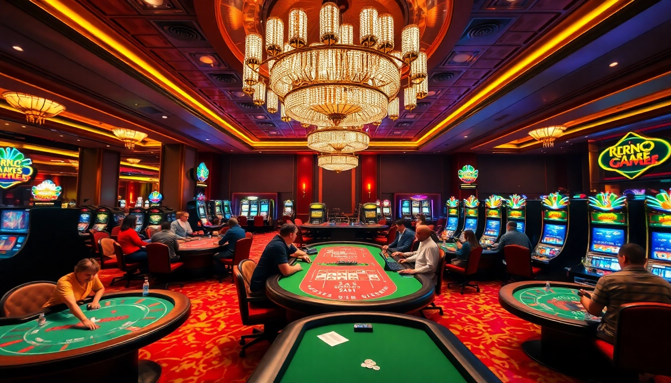 Engaging players at rr88 casino tables illuminated by vibrant lights and luxurious decor.
