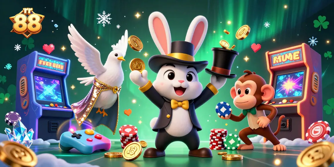 Spin and win with rr 88 as a magician rabbit pulls golden coins in a bustling casino scene.
