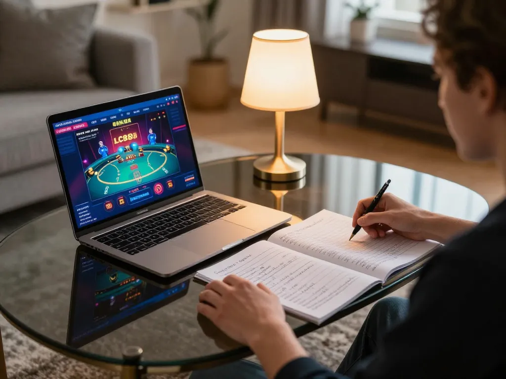 Player engaging with LC88 online poker game at home, showcasing strategy notes and gaming setup