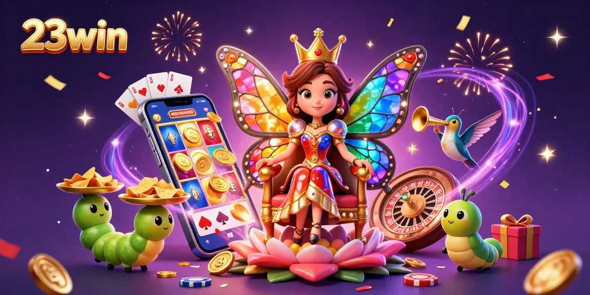 Experience the excitement of 23win with a vibrant 3D casino illustration featuring a butterfly queen and slot games.