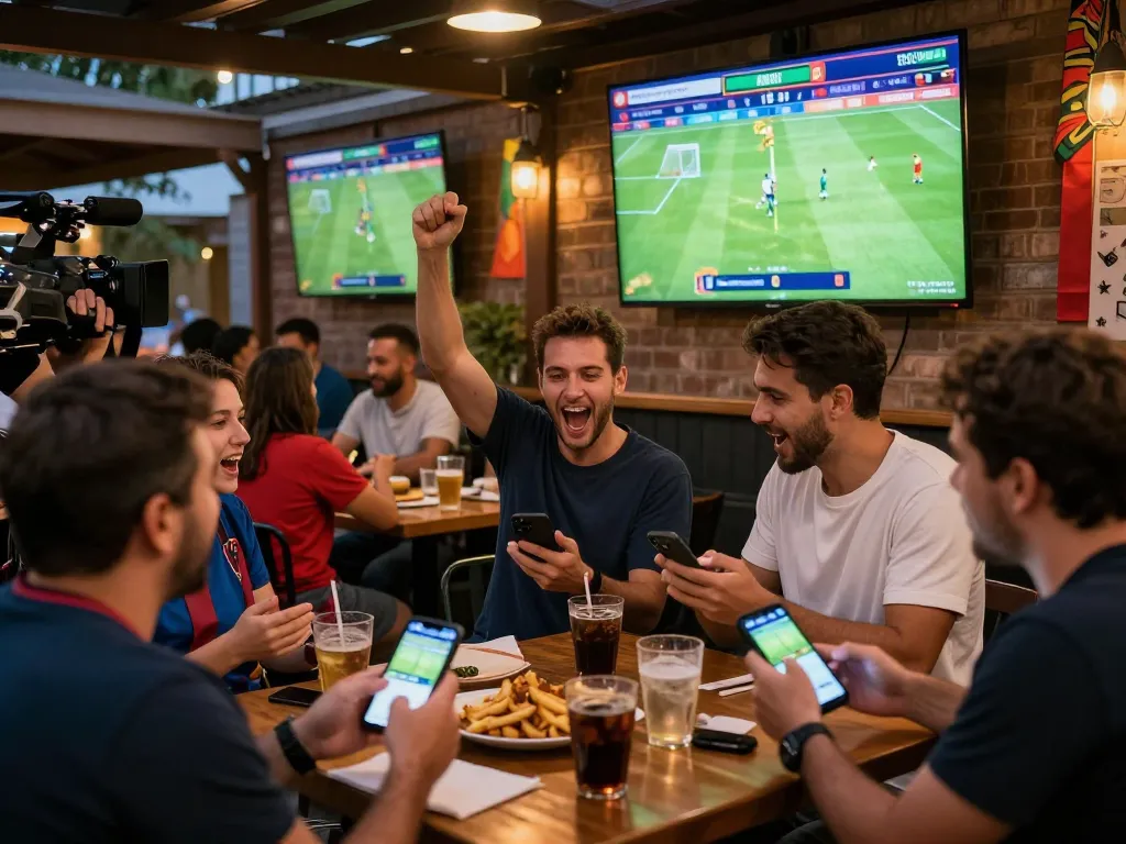 Engaged fans participating in soccerbetting while enjoying a live game in an outdoor sports bar.