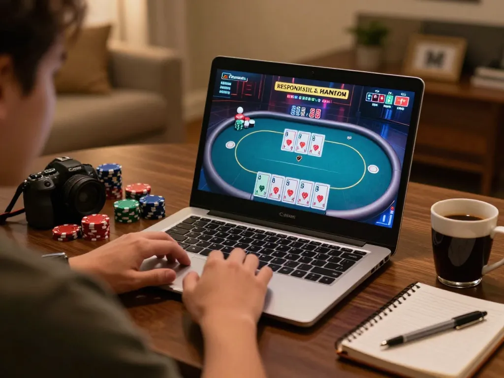 Engaging gameplay of 32 win online poker session from home setup, showcasing strategic gambling.