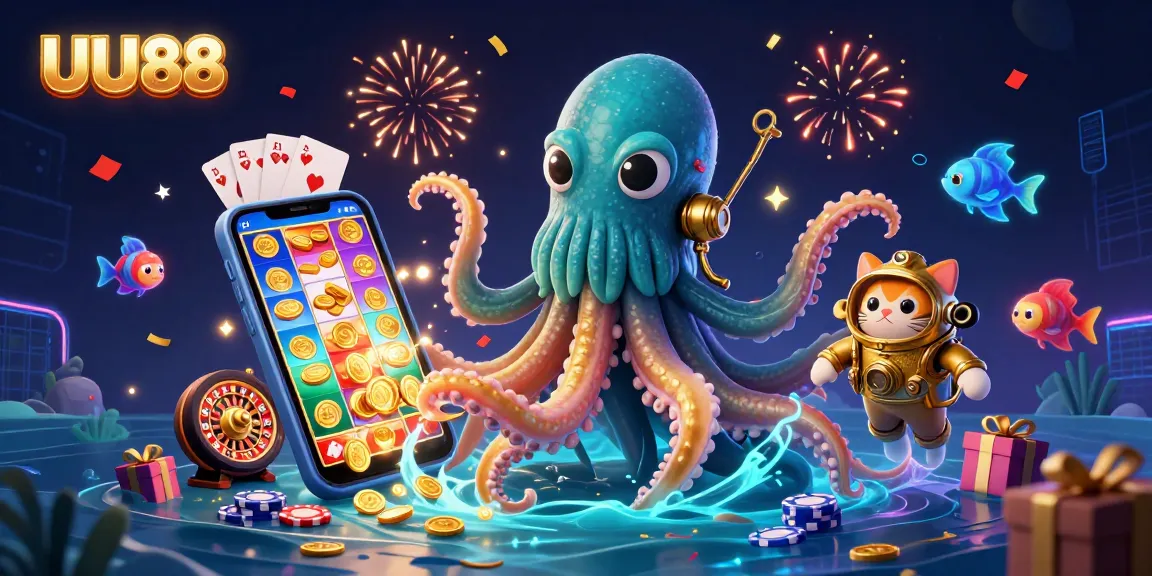 Experience thrilling gameplay at UU88 with a vibrant 3D scene of a kraken and a diving cat amidst colorful slot games.