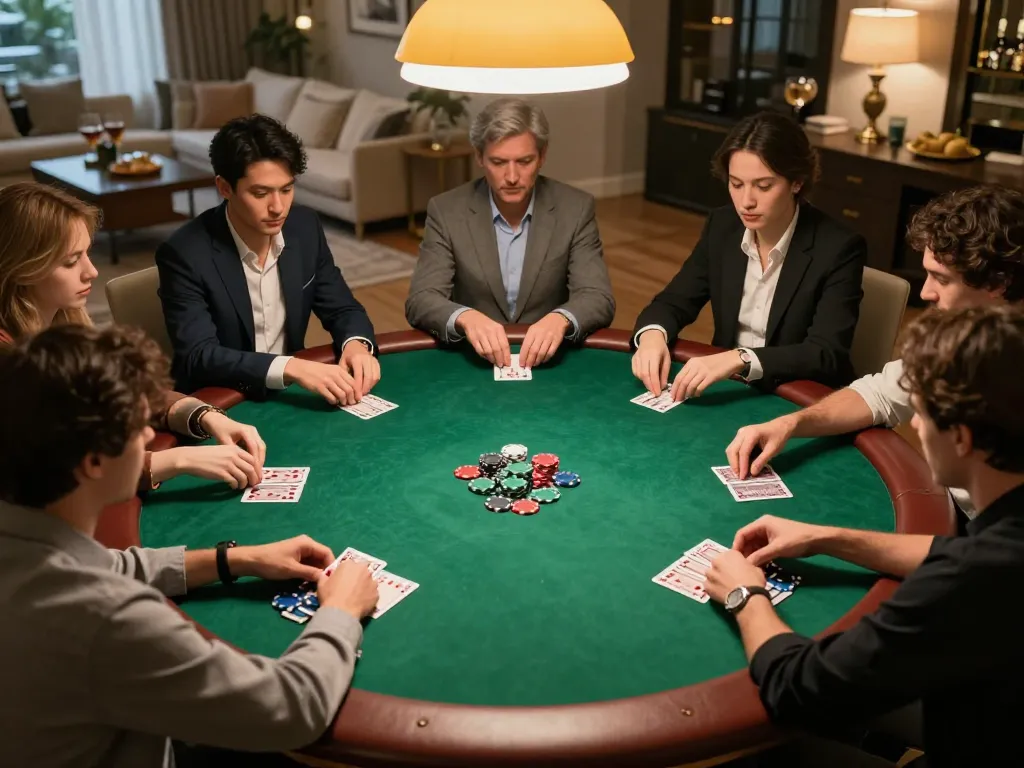 Onbet poker game in a stylish home setting with engaged players and strategic gameplay.