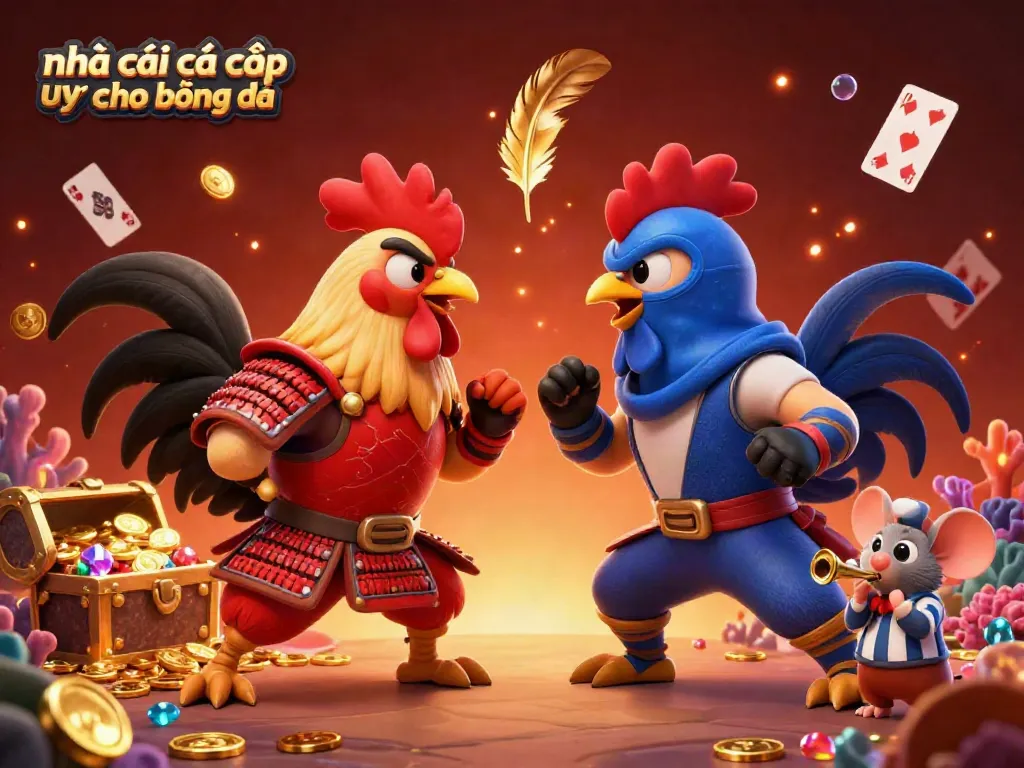 Experience the excitement of nhà cái cá cược uy tín cho bóng đá with dynamic rooster fighters in a vibrant casino-themed illustration.