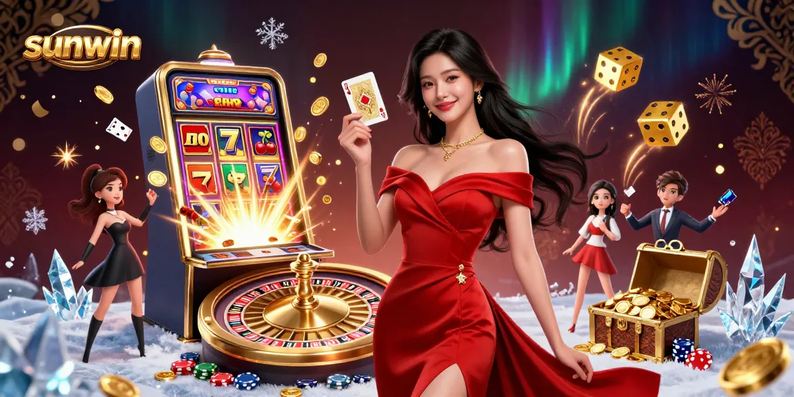 Experience the allure of sunwin's vibrant casino scene with a beautiful Asian woman portraying the excitement of gaming.