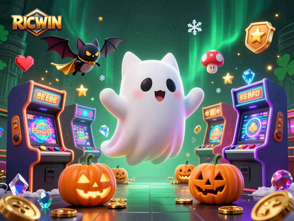 Experience RICWIN's vibrant casino adventure with a ghost cat and bat under the northern lights.