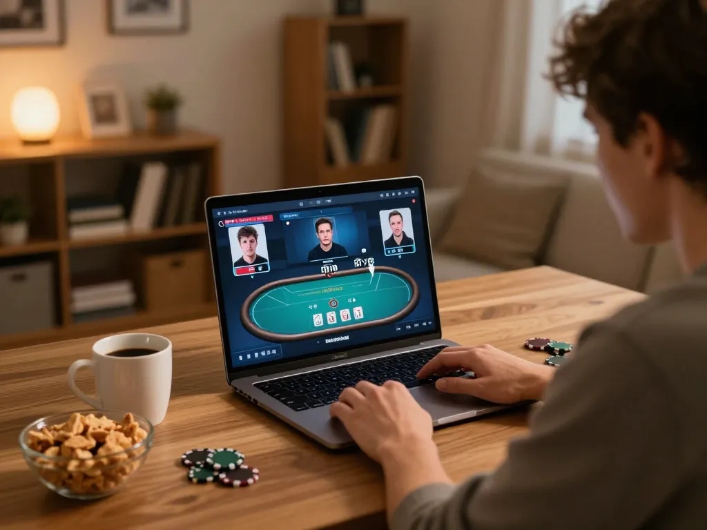Player engaged in an online poker game on laptop showcasing KJC's superior gaming platform.