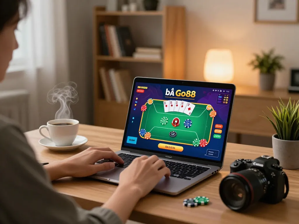 Engaging moment in a home setting playing game bài go88, showing poker screen and cozy atmosphere.