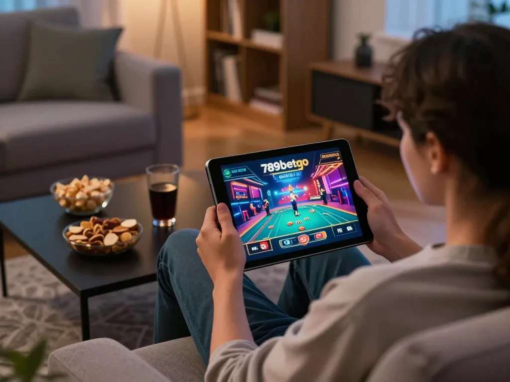 Engaging gameplay at home using 789betgo online casino on a tablet in a cozy living room.