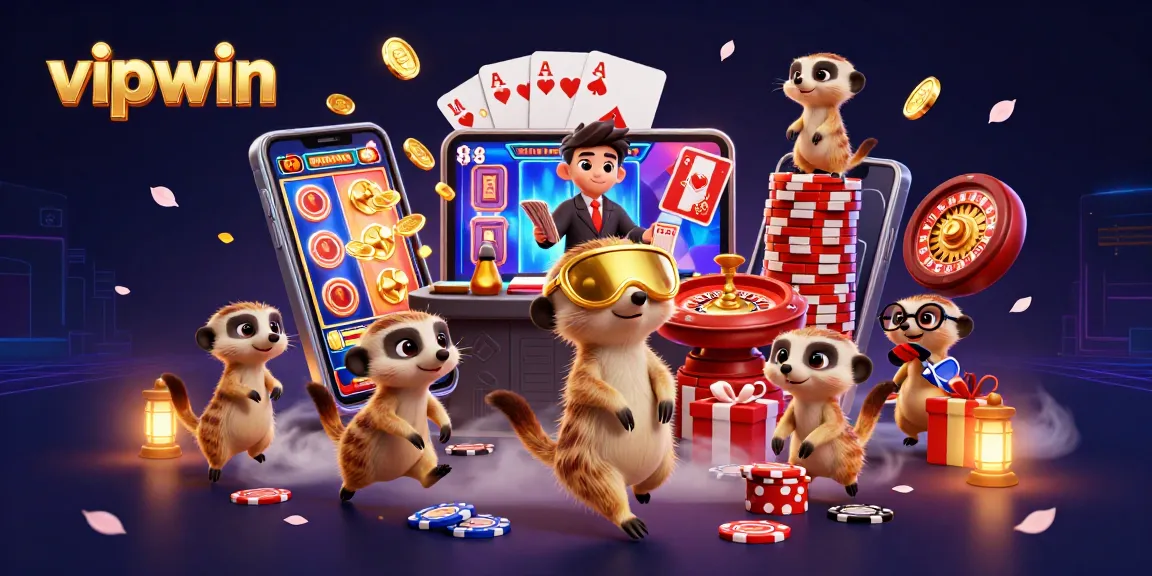Engage with vipwin's exciting casino scene featuring meerkats managing games and sneaking chips.