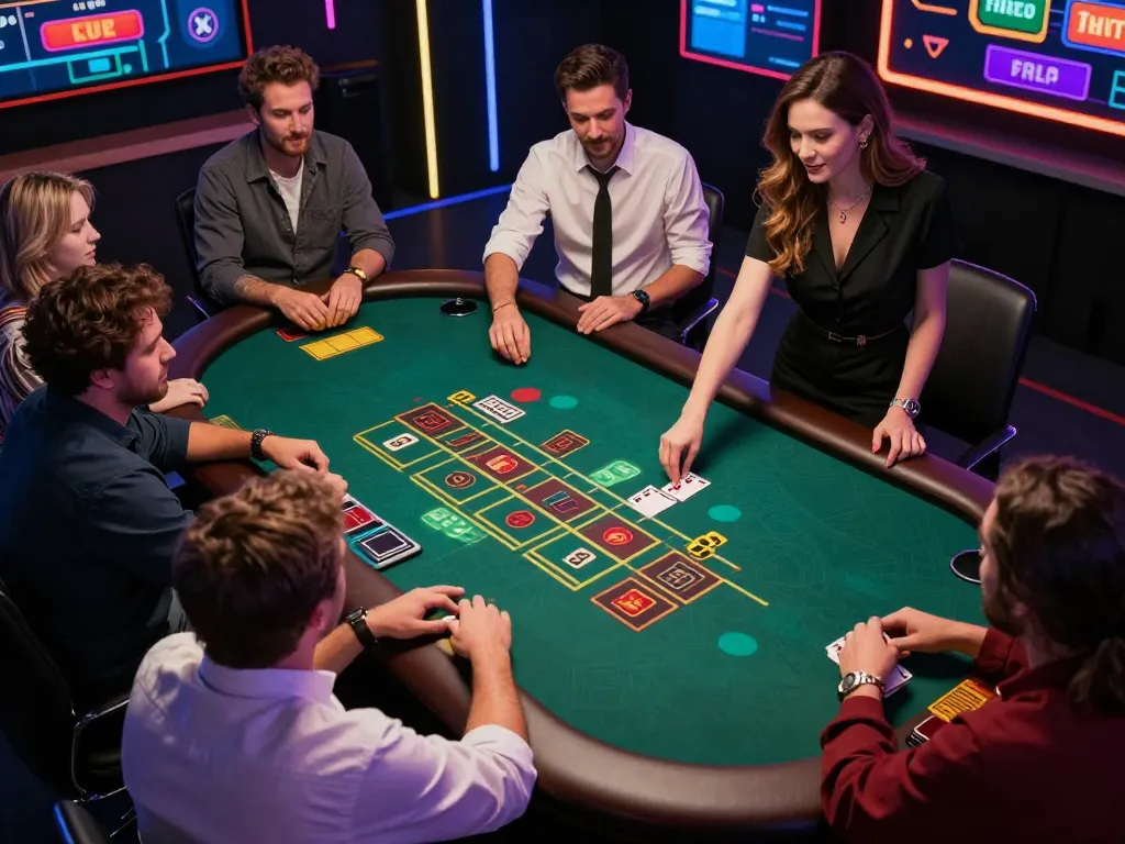 Engage in the excitement of HIT CLUB with a live dealer blackjack scene, showcasing players' reactions and vibrant virtual interface.