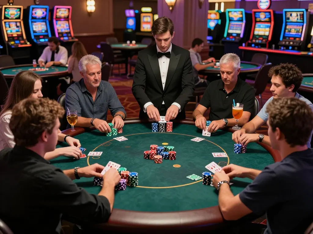 Exciting poker game scene showing players engaged and poker chips stacked, highlighting nhacaiuytinn atmosphere.