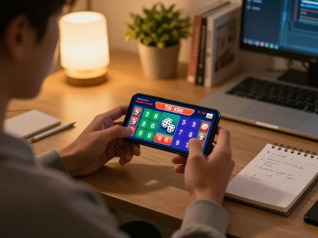 Engaging in tài xỉu online on a smartphone, showcasing vibrant betting interface and strategic notes in a cozy home setting.