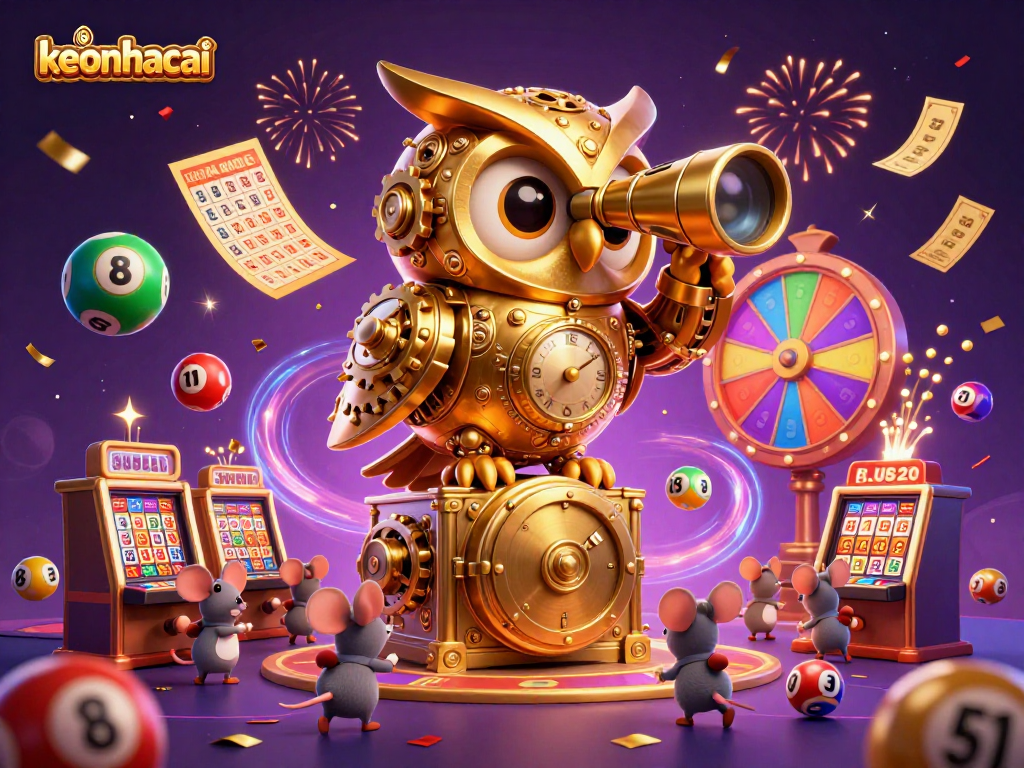 Engage in exciting gaming moments with keonhacai surrounded by colorful lottery elements and casino atmosphere.