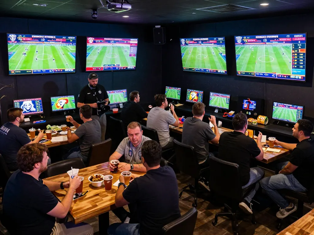 Excited patrons engaging in sports betting at Nk881 sa com's modern venue, showcasing vibrant screens and a lively atmosphere