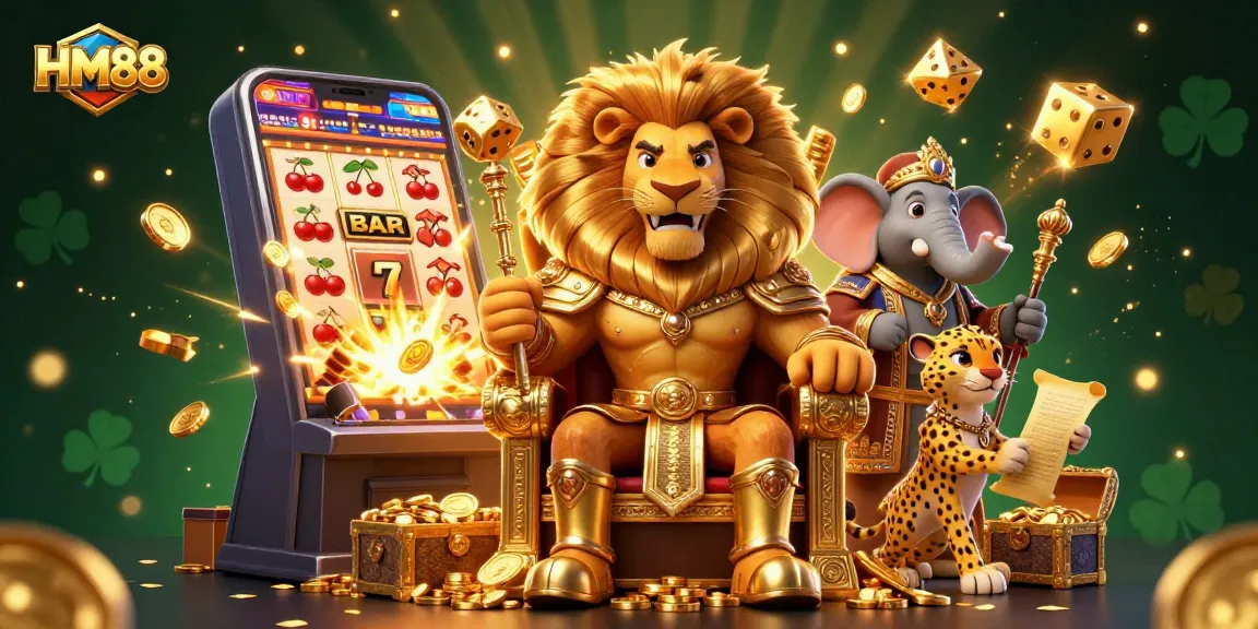 Engage in gambling excitement with HM88's vibrant lion king and dynamic casino scene.