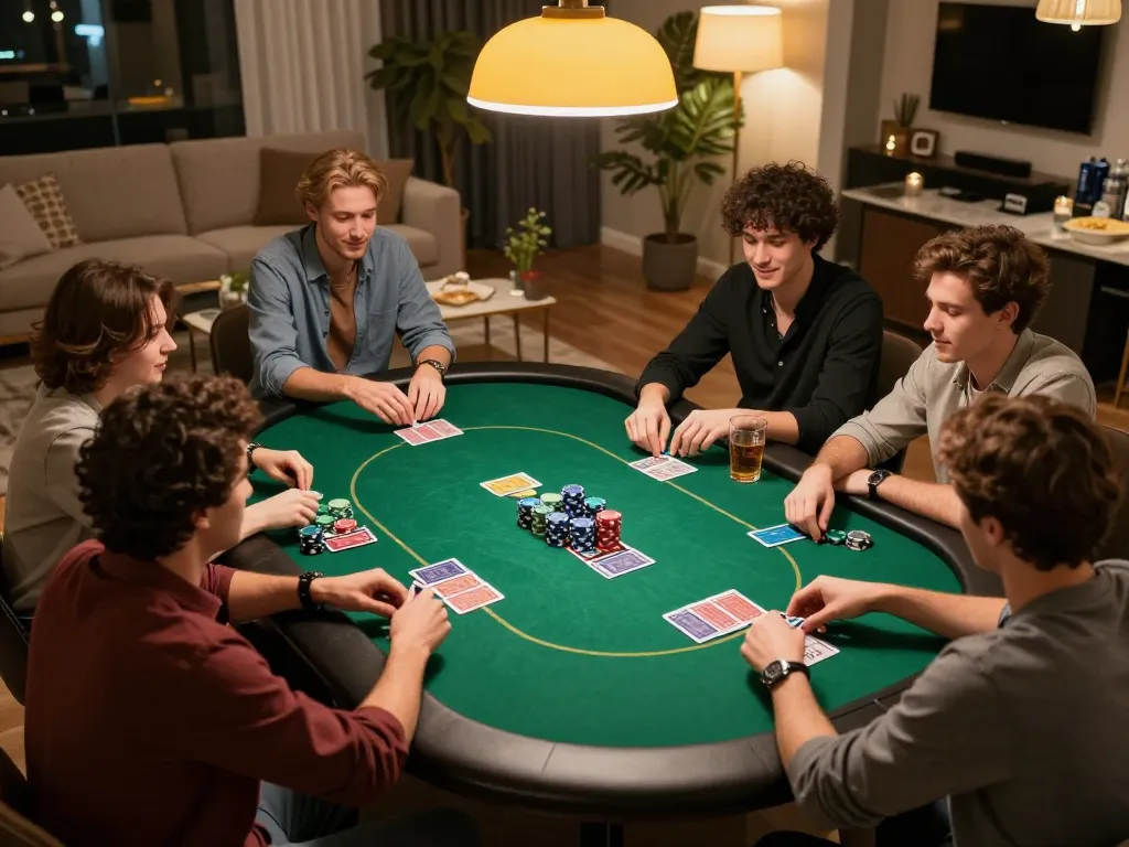 Friends enjoying a lively poker night, showcasing strategic gameplay and camaraderie at home.