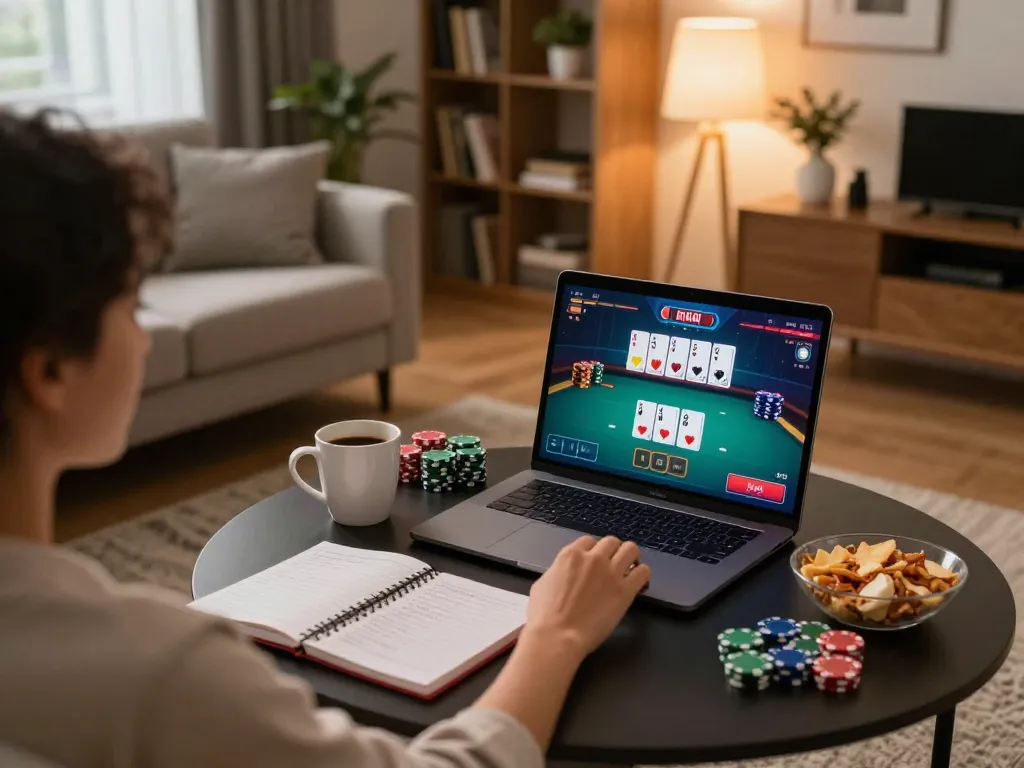 Engaging in online poker at home on 33win with strategic notes and cozy ambiance