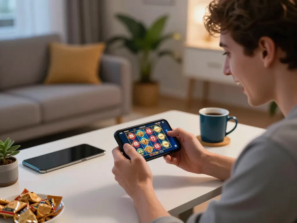 Engaging in MM88 mobile casino gameplay with strategy-focused elements in a cozy environment