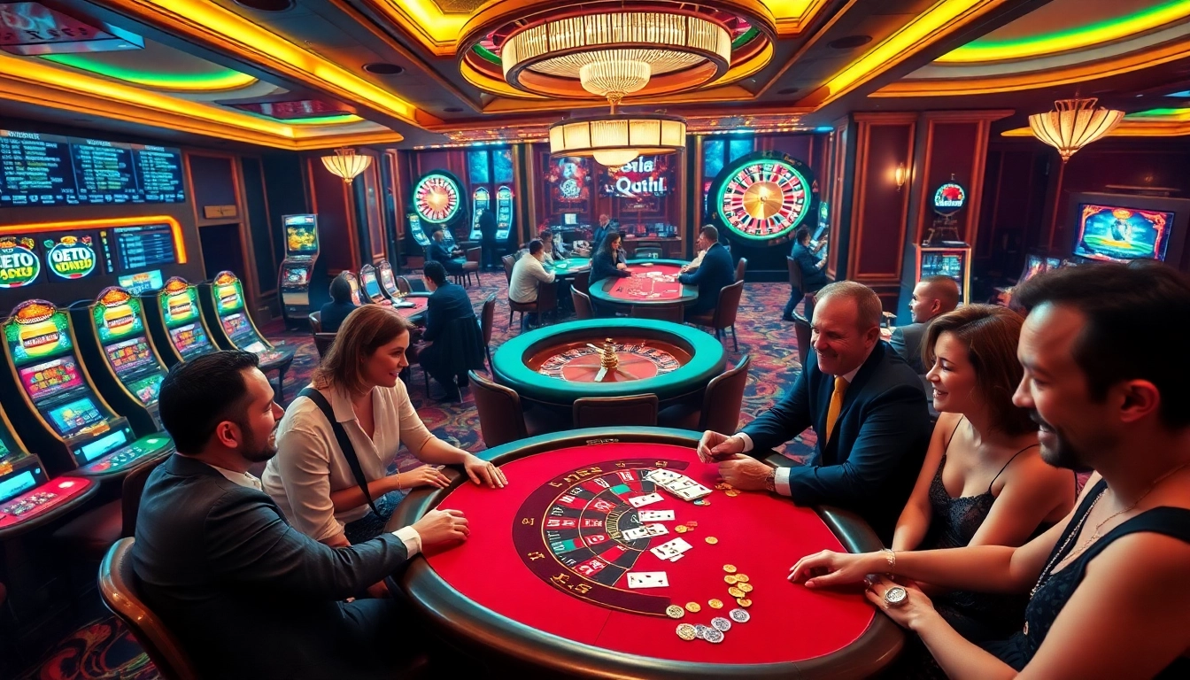 Experience the excitement of 8kbet4.com with vibrant casino visuals featuring poker, roulette, and thrilled players.