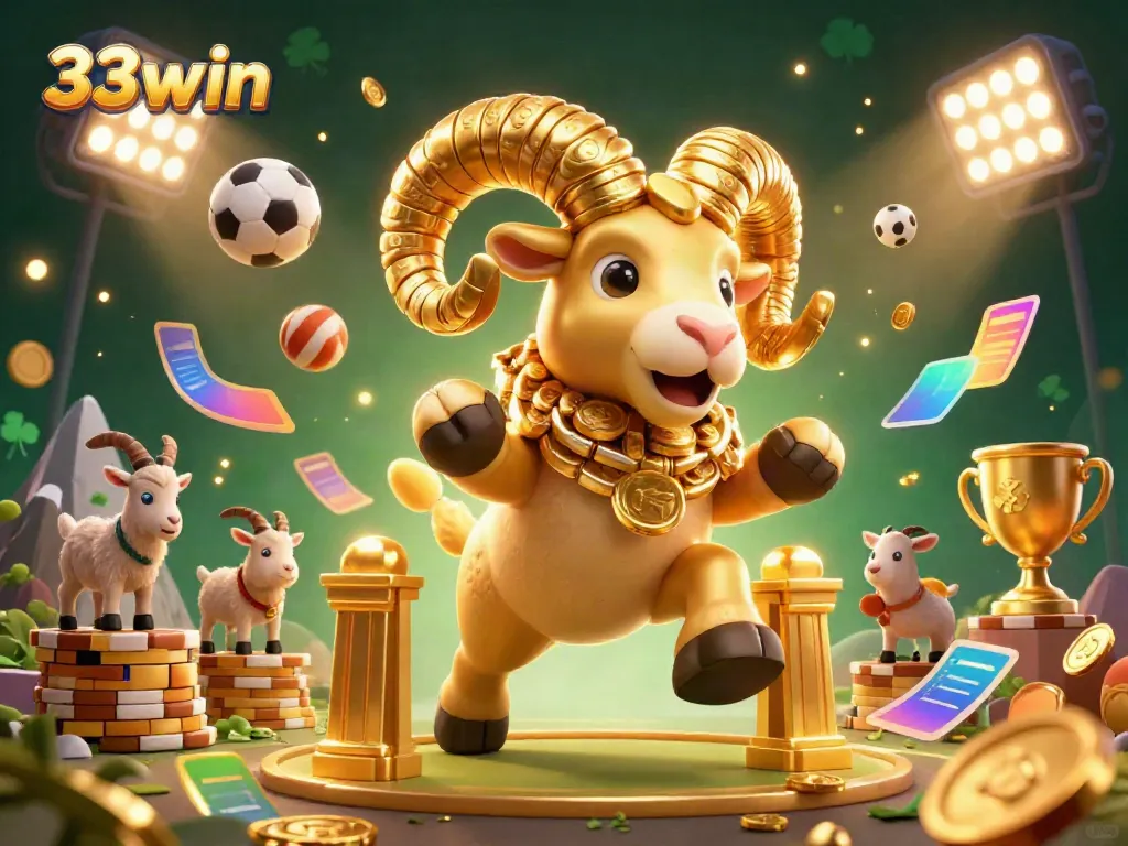Experience thrilling wins with 33win in a dynamic casino illustration featuring sports elements and golden ram.