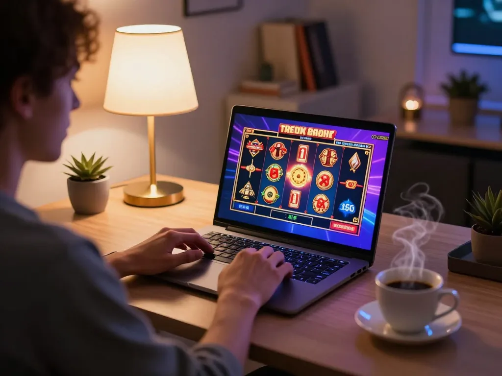 Engaging with go88 online gaming, a player immerses in a colorful slot experience on a stylish laptop.