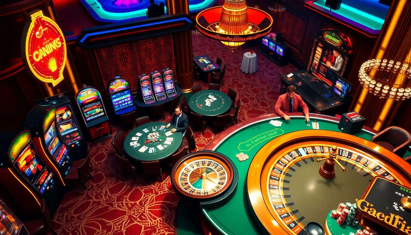 Gambling scene featuring colorful slot machines and poker tables at tylenhacai7.com casino.