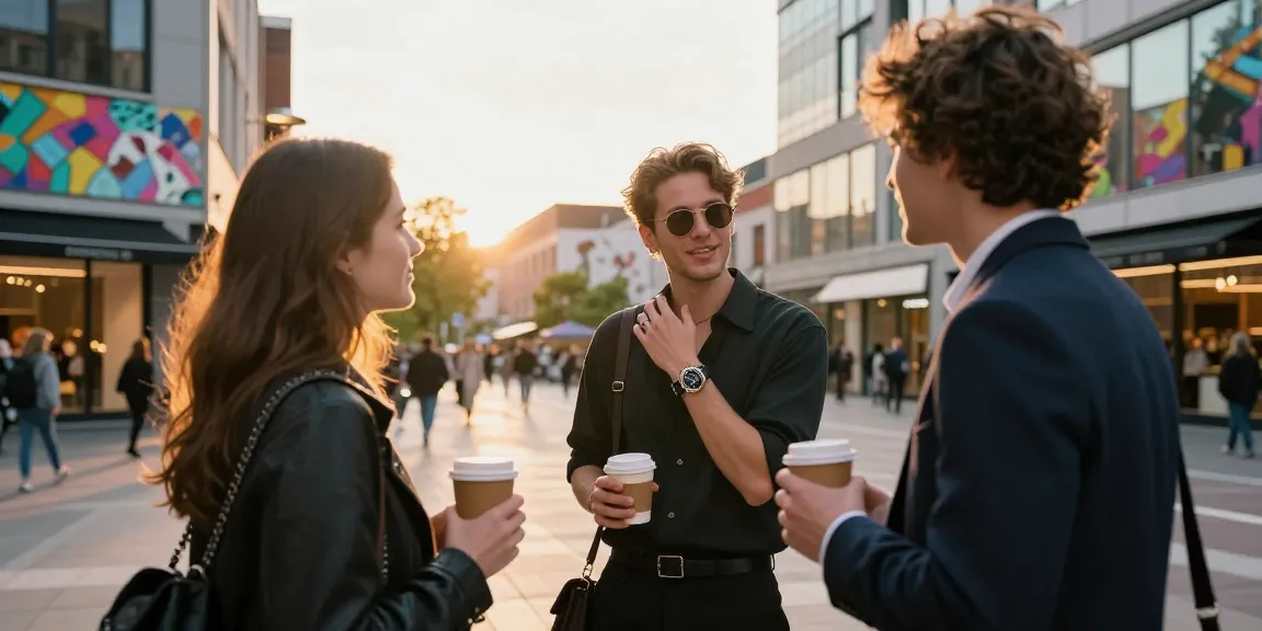 Stylish individual showcasing a luxury replica watch in a vibrant urban setting.