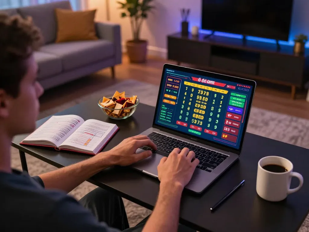 Player strategizing lô đề bets on a laptop in a cozy gaming setup