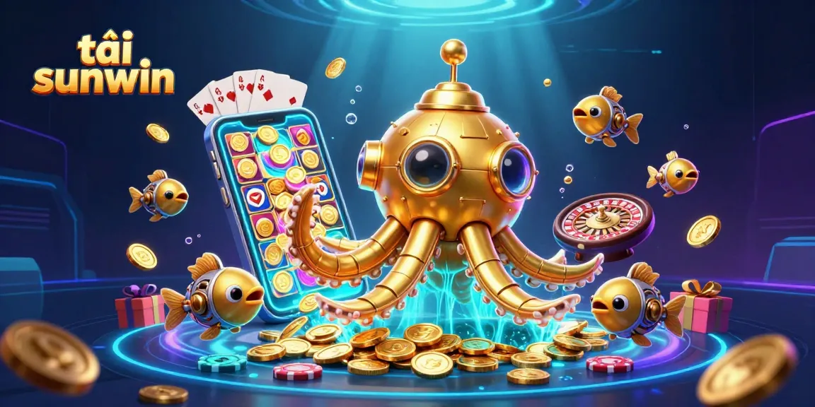 Experience the thrill of tải sunwin with a dynamic 3D illustration of a golden kraken amidst coins and gaming excitement.