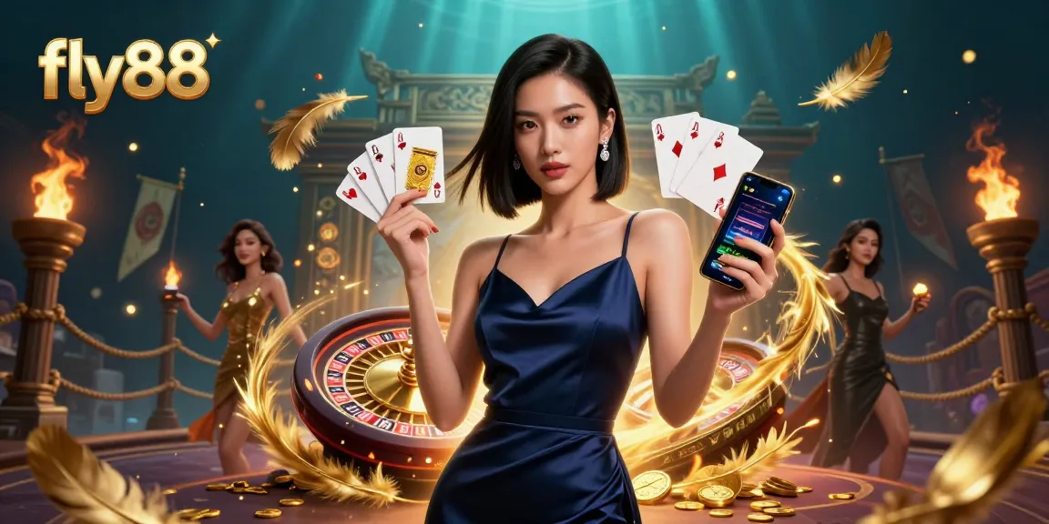 Engage with fly88's thrilling casino experience through a stunning Asian woman holding a golden chip and smartphone amidst dynamic gaming elements.