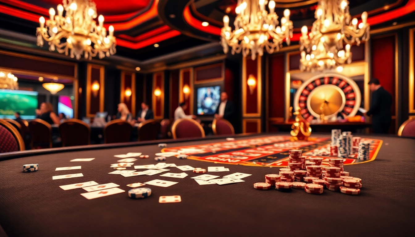 Exciting casino atmosphere with Link 11uu showcasing cards and roulette wheel.