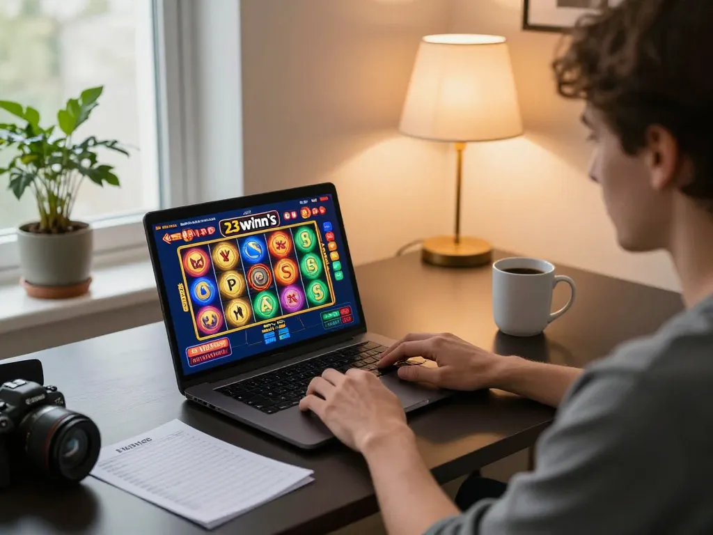 Engaging gameplay on 23winn's online casino, player focused on spinning reels and strategic betting.