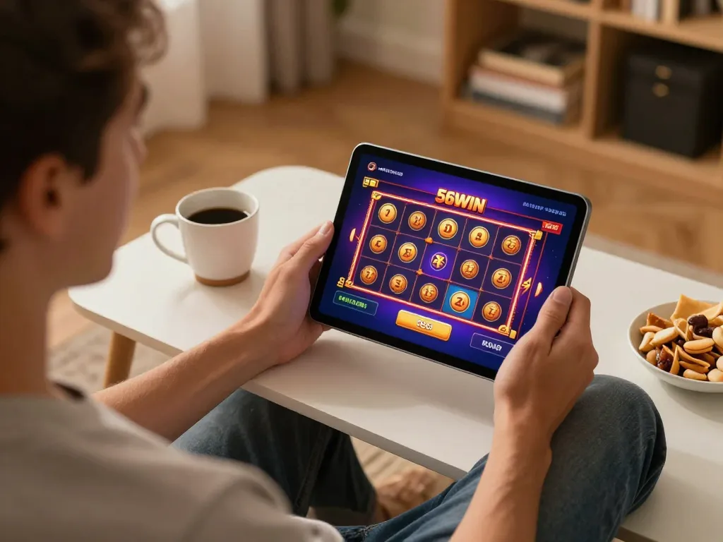 Playing 56WIN on a tablet with engaging game interface, showcasing mobile gambling excitement