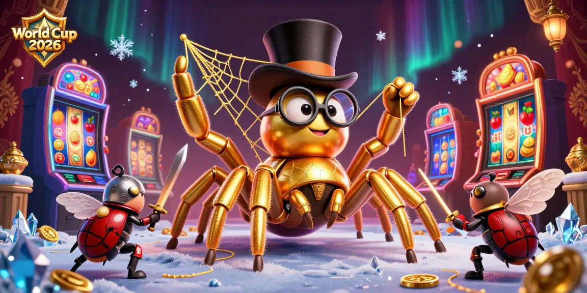 Experience the excitement of World Cup 2026 with a dynamic scene of a golden tarantula and a brave beetle knight amidst casino elements.