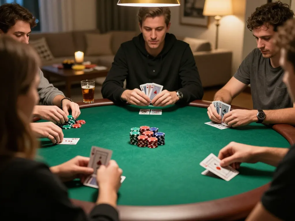 Friends enjoy an exciting poker game at home, showcasing iwin club chips and cards.