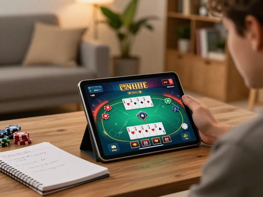 King88 player enjoying an online poker game on a tablet, surrounded by strategy notes and a cozy home setting.
