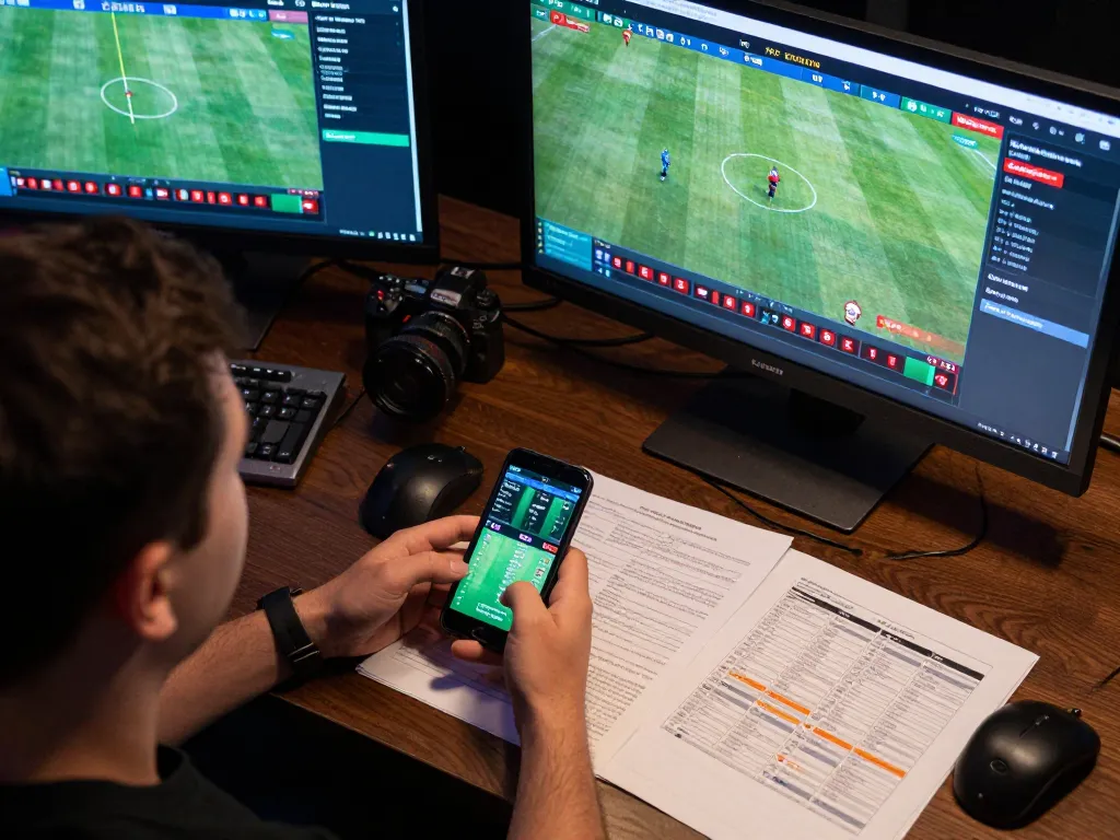 Go8 user placing bets on sports events while analyzing strategy notes on their laptop.