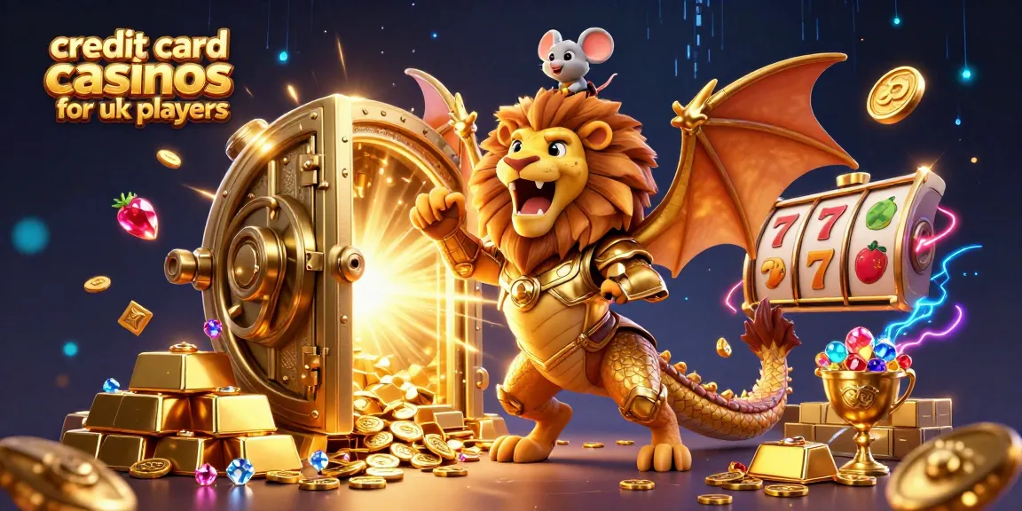 Engaging scene depicting credit card casinos for UK players with a chimera in golden armor, overflowing treasures, and vibrant slot game elements.