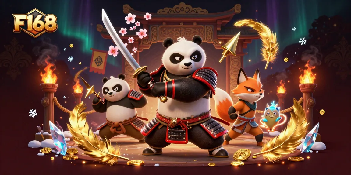 Experience thrilling gaming action at F168 with a dynamic illustration featuring samurai panda and ninja fox.