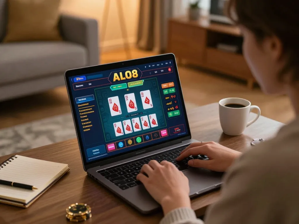 Alo8 user playing online casino games on a laptop in a cozy home setting, showcasing strategic gameplay