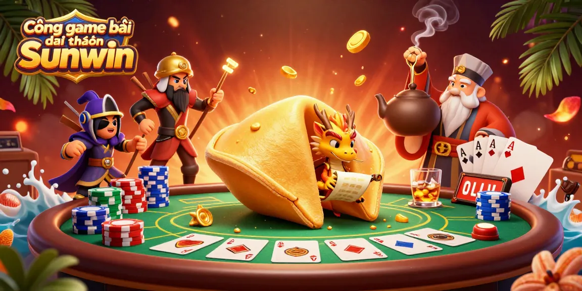 Cổng game bài đổi thưởng Sunwin showcases excitement with a golden fortune cookie and poker elements, perfect for gamblers.