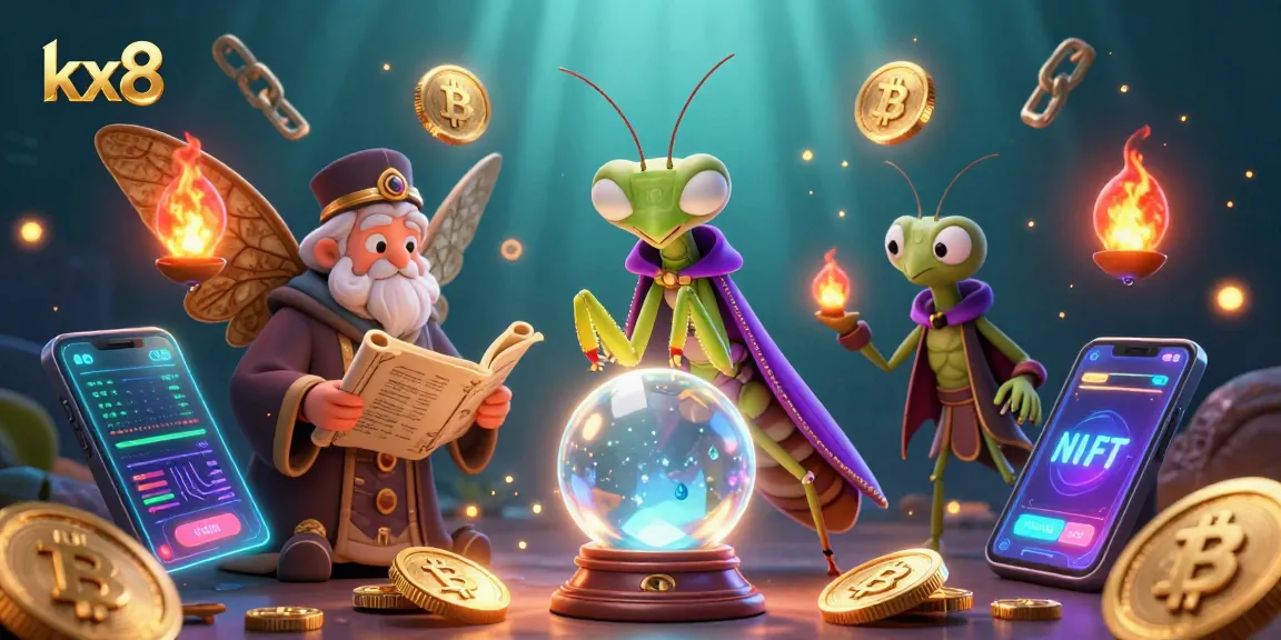 Experience the magic of kx8 with a vibrant 3D illustration featuring fortune tellers and crypto elements.
