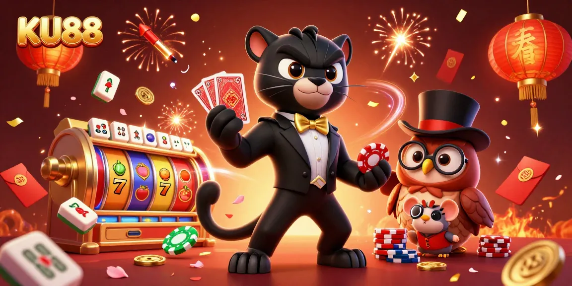 Engage with KU88 casino secrets while a stylish panther and friends deal cards amidst gambling excitement.