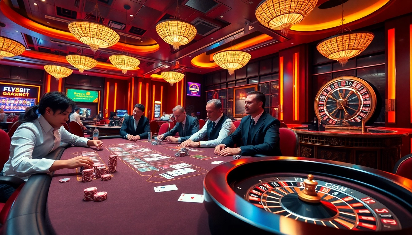 Engage in thrilling gameplay at FLY88.COM with vibrant casino tables and poker chips in action.