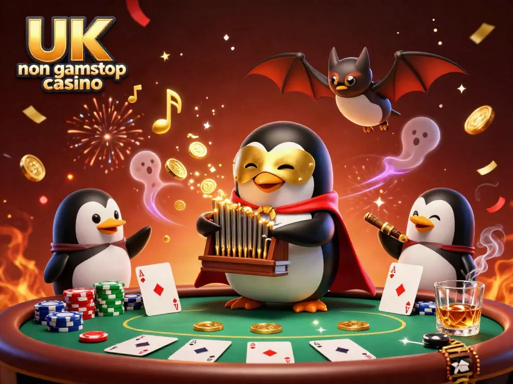 Experience fun at a UK non gamstop casino with a penguin playing the organ, golden coins flying everywhere.