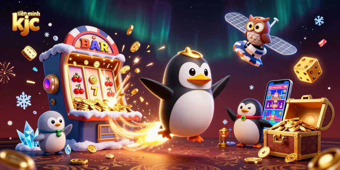 Experience the thrilling universe of liên minh kjc with a joyful penguin soaring towards a casino space station amidst vibrant game elements.